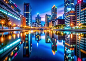 Reflections of Urban Lights on Water at Night Creating a Serene Cityscape of Colors and Atmosphere