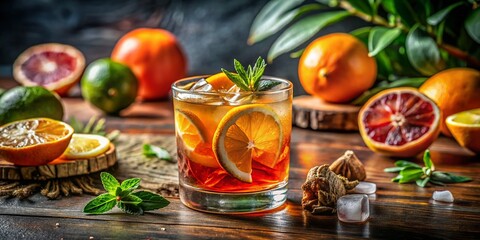 Refreshing alcoholic beverage drink served in a stylish glass with ice and citrus garnish on table