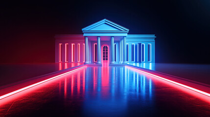 3D render of the White House, minimalistic, blue and pink gradient background