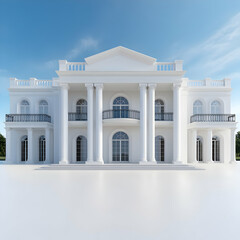 Obraz premium Elegant white mansion with grand columns and large windows, set against a clear blue sky.