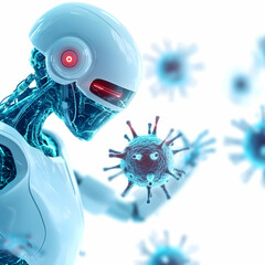 Fototapeta premium Futuristic robot interacting with a virus; digital art showcasing technology and health concepts.
