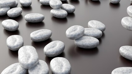 3d rendering of white coffee beans scattered across a dark, almost black background. 
