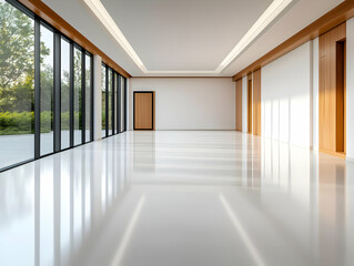 Obraz premium Modern interior with an open layout, large windows, and polished floors, showcasing natural light and a serene atmosphere.