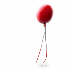 Red balloon with white strings, isolated on a white background.
