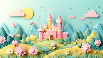 Whimsical Princess Castle in Pastel Watercolor - Minimalistic Retro Illustration with Playful Colors for Birthday Invitations and Festive Season Banners