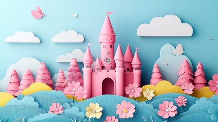 Whimsical Princess Castle in Pink Flower Garden - Abstract 3D Watercolor Illustration