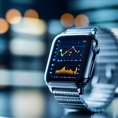 Naklejka premium Smartwatch displaying analytical data with graphs and vibrant colors on a modern background.