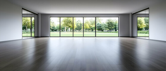 Fototapeta premium Spacious modern interior with large windows overlooking greenery, bright and minimalistic design.
