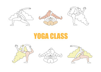 Health and wellness lifestyle illustrations with yoga class