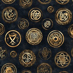 Fototapeta premium A collection of intricate golden symbols and patterns on a dark background, suggesting mystical or magical themes.