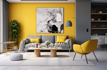 Modern living room with yellow accents and minimalist decor in daylight