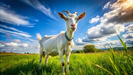 Saneen Goat Standing Gracefully in a Green Pasture Under Bright Blue Sky on a Sunny Day