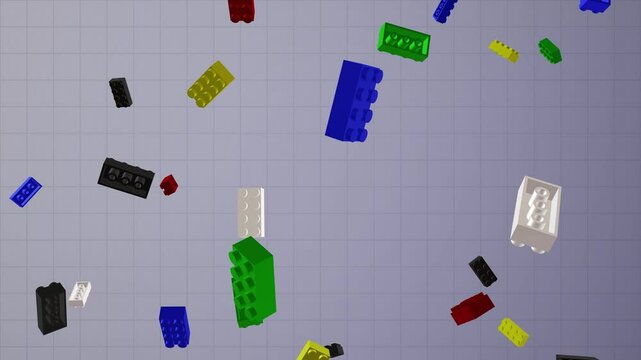 Classic colourful toy construction bricks, vivid 3d animation, tumbling and scattering blocks in midair, creating a cascade of motion. Seamless loop with luma matte