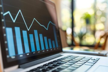 Close up of a 3D graph growing upwards on laptop screen