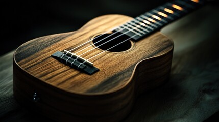 Fototapeta premium A close-up shot of an acoustic ukulele with dark wood grain on a wood surface.