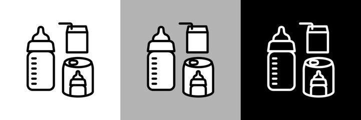 哺乳瓶と液体タイプのミルクのイラスト。シンプルな線画のベクターアイコン。