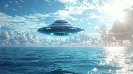 A classic flying saucer hovers above a vast blue ocean, with a bright sky and fluffy clouds in the background.