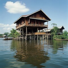 Obraz premium A wooden stilt house by the water, reflecting a serene environment with lush greenery and a clear sky.
