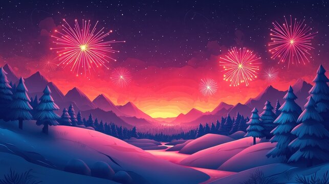 Festive Anime Vector Illustration of Abstract Fireworks for New Year 2025 Celebration - Minimalist 2D Graphic Design with Vibrant Colors and Cartoon Style
