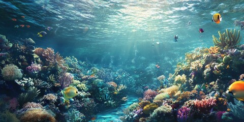 Fototapeta premium Vibrant coral reef teeming with colorful fish and marine life.
