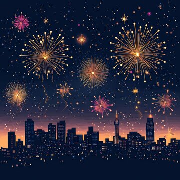 Vibrant Anime Fireworks Show - Minimalist Vector Illustration of 2025 New Year's Celebration in Adobe Illustrator Style