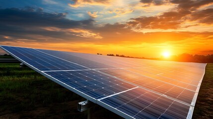 83. A picturesque view of a solar farm against a sunset backdrop