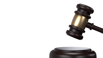 3d rendering of wooden court gavel, or auction hammer, on white background.
