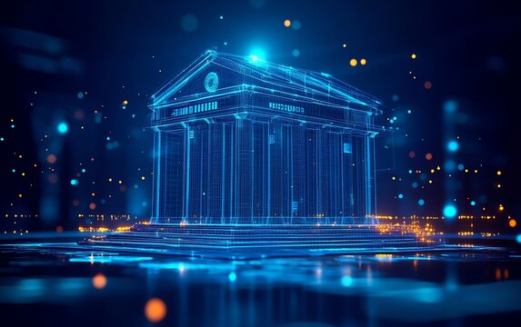Digital representation of a classical building in blue tones.