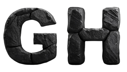 D Letters G H Black Stone Rock Alphabet Isolated on White