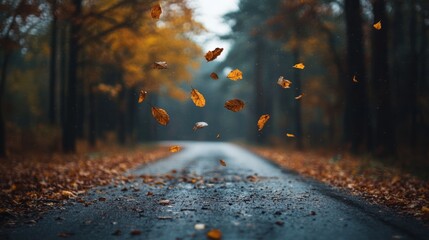 Autumn Leaves Falling on a Road