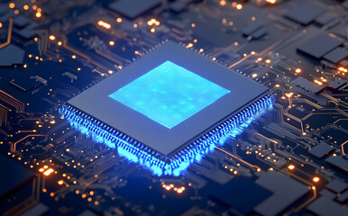 A glowing blue chip with circuit patterns on it, floats over black and white circuits design, symbolizing the power of artificial intelligence (AI) technology design