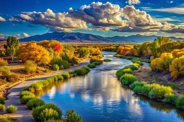 Obraz premium Scenic View of the Rio Grande River Flowing Through Albuquerque with Vibrant Natural Surroundings