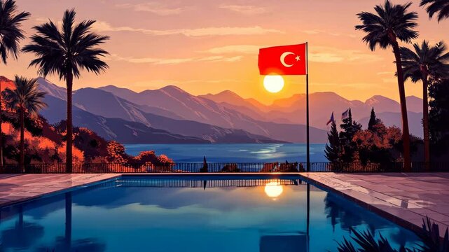 A swimming pool sits atop a hill overlooking the sea, with the Turkish flag waving in the sunset