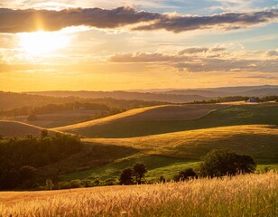 Obraz premium Rolling Hills and Golden Fields Stretching Across the Horizon, Bathed in the Warm Light of a Golden Sunset With Soft Clouds and a Gentle Breeze Blowing Through the Grass