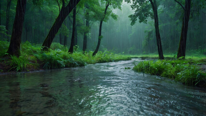 Fototapeta premium Rain in a forest, relaxing , quiet and serene atmosphere