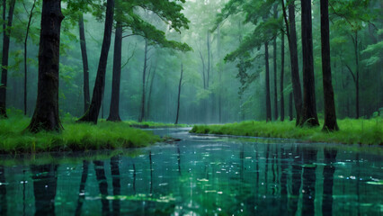 Obraz premium Rain in a forest, relaxing , quiet and serene atmosphere
