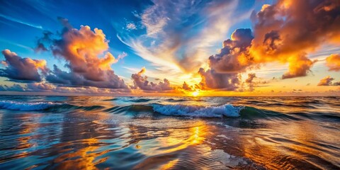 Serene Aesthetic Pink Ocean Waves at Sunset with Soft Clouds and Gentle Reflections on Water Surface