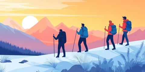 Fototapeta premium Four hikers walk along a snowy mountain ridge in the evening, with the sun setting behind them and snow-capped mountains in the background.