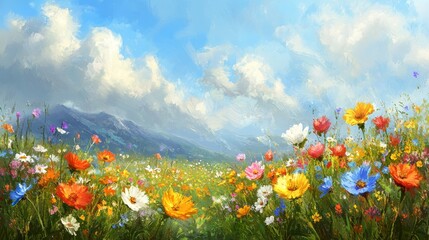 Obraz premium A Colorful Wildflower Field Against a Mountain and Blue Sky