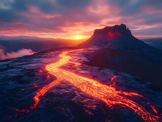 Fototapeta premium A fiery river of molten lava flows down a volcanic mountain at sunset. The sky glows with a fiery orange hue, creating a stunning contrast with the dark landscape.
