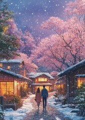 Enchanting Winter Night: Couple Strolling Through Snowy Cherry Blossom Village, Surrounded by Whimsical Lights and Falling Snowflakes
