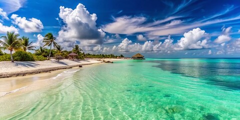 Obraz premium Serene Beach at Costa Mujeres, Mexico with Turquoise Waters and Soft White Sand Under Bright Sky