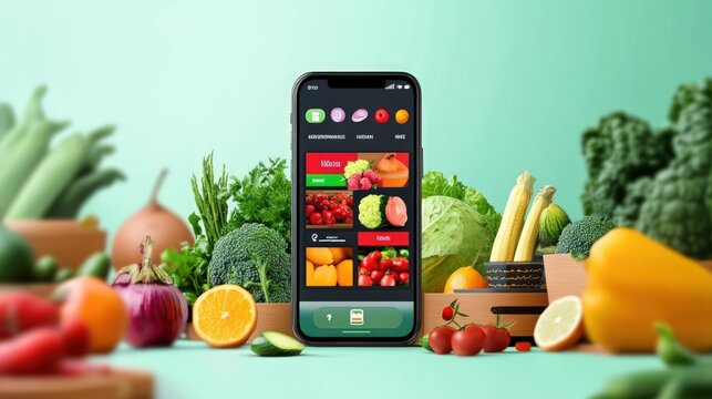 Smartphone displaying a food delivery app with fresh produce surrounding it.