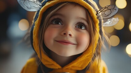 Whimsical Bee Costume Girl in Urban Setting - High-Contrast Cinematic Product Photography