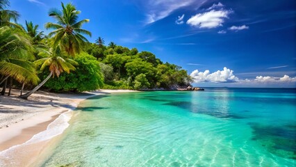 Fototapeta premium Serene Caribbean Beach in Haiti with Crystal Clear Waters and Soft Sandy Shoreline Under Blue Sky