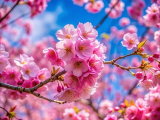 Naklejka premium Serene Cherry Blossom Background with Soft Pink Petals and Blue Sky for Peaceful Nature Aesthetic