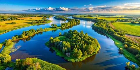 Serene Delta on a River Surrounded by Lush Greenery Under Clear Blue Sky Capturing Nature's Beauty