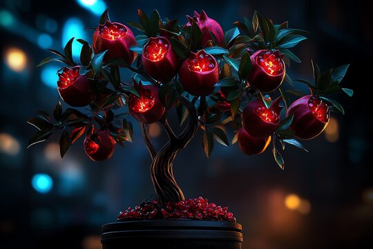 Fantasy artwork of a pomegranate tree with enchanted fruits, each one glowing with health-boosting properties, symbolizing the power of antioxidant foods