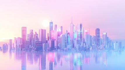 Fototapeta premium A digital illustration of a city skyline reflected in still water during a pastel-colored sunrise