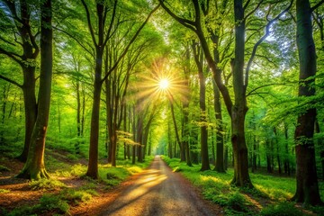 Serene Forest Path Through Lush Green Trees with Sunlight Filtering and a Peaceful Atmosphere